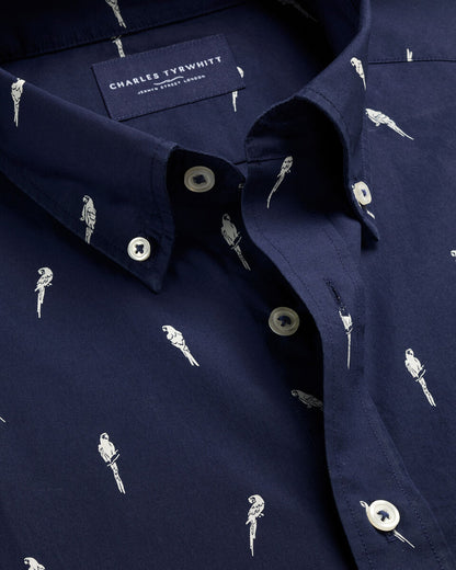 Classic Fit Short Sleeve Stretch Washed Poplin Print Shirt - Navy