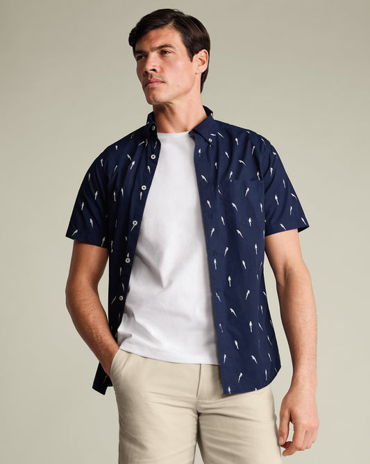 Classic Fit Short Sleeve Stretch Washed Poplin Print Shirt - Navy