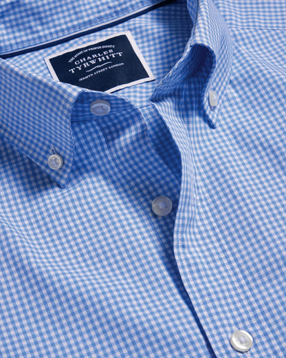 Slim Fit Button-Down Collar Non-Iron Stretch Poplin Mini Gingham Check Shirt - Ocean Blue