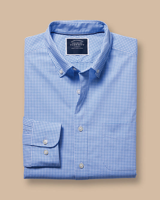 Slim Fit Button-Down Collar Non-Iron Stretch Poplin Mini Gingham Check Shirt - Ocean Blue