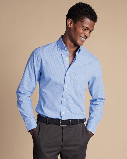 Slim Fit Button-Down Collar Non-Iron Stretch Poplin Mini Gingham Check Shirt - Ocean Blue