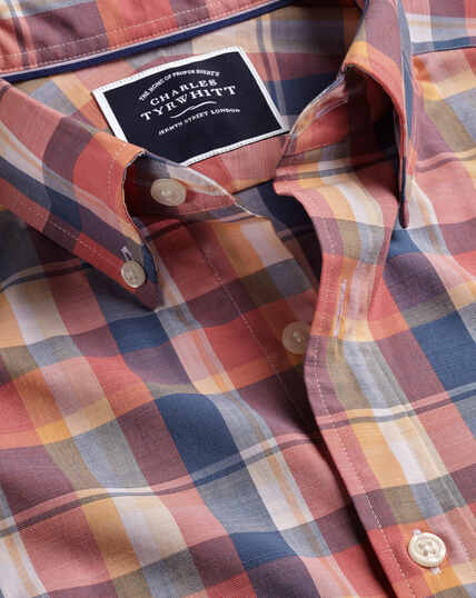 Button-Down Collar Non-Iron Stretch Poplin Slub Multi Check Slim Fit Shirt - Burnt Orange