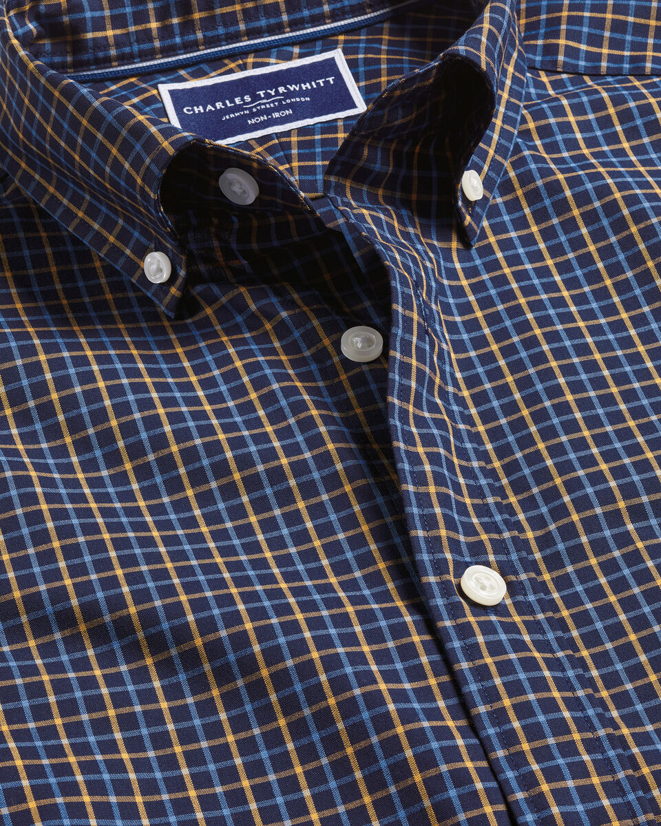Button-Down Collar Non-Iron Stretch Poplin Fine Line Check Slim Fit Shirt - Navy & Gold