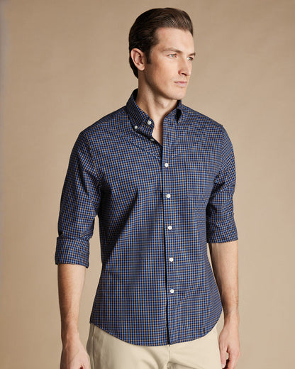 Button-Down Collar Non-Iron Stretch Poplin Fine Line Check Slim Fit Shirt - Navy & Gold