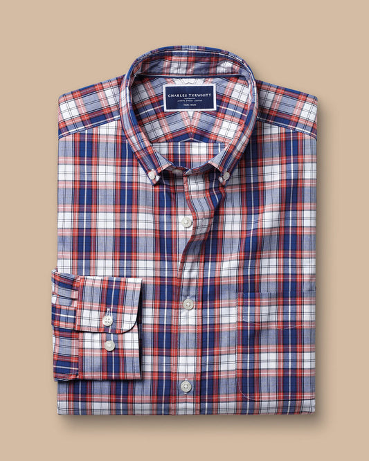 Button-Down Collar Non-Iron Stretch Poplin Large Check Classic Fit Shirt - Red