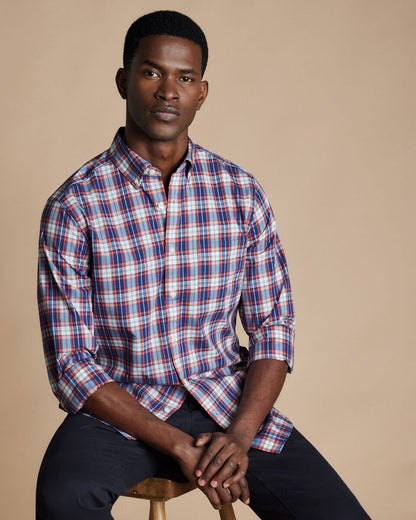 Button-Down Collar Non-Iron Stretch Poplin Large Check Classic Fit Shirt - Red