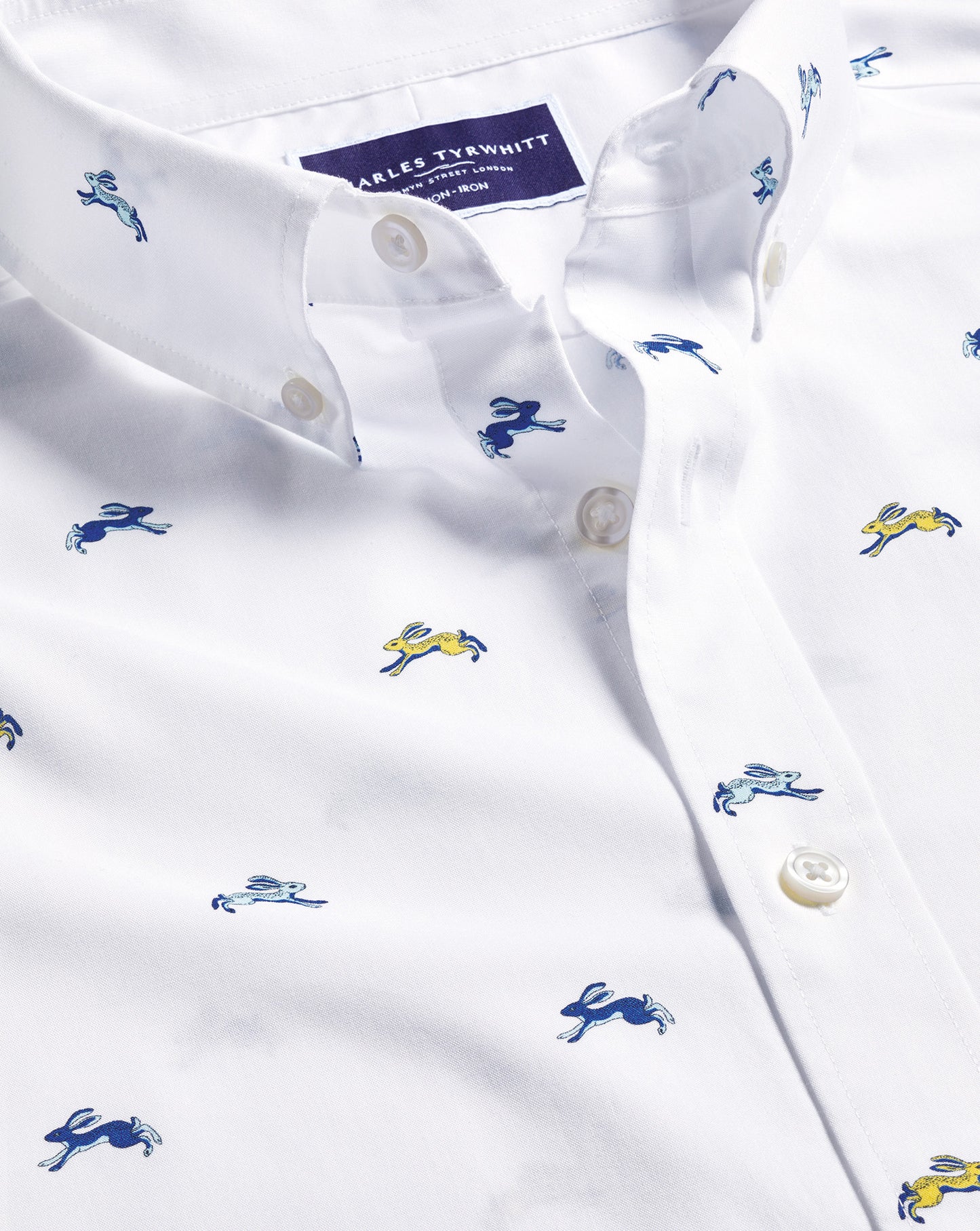 Button-Down Collar Non-Iron Stretch Hare Print Slim Fit Shirt - White