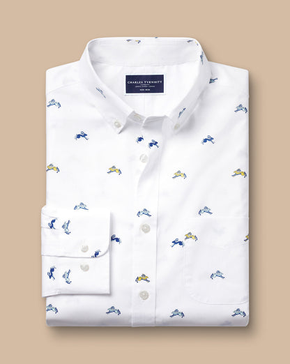 Button-Down Collar Non-Iron Stretch Hare Print Slim Fit Shirt - White