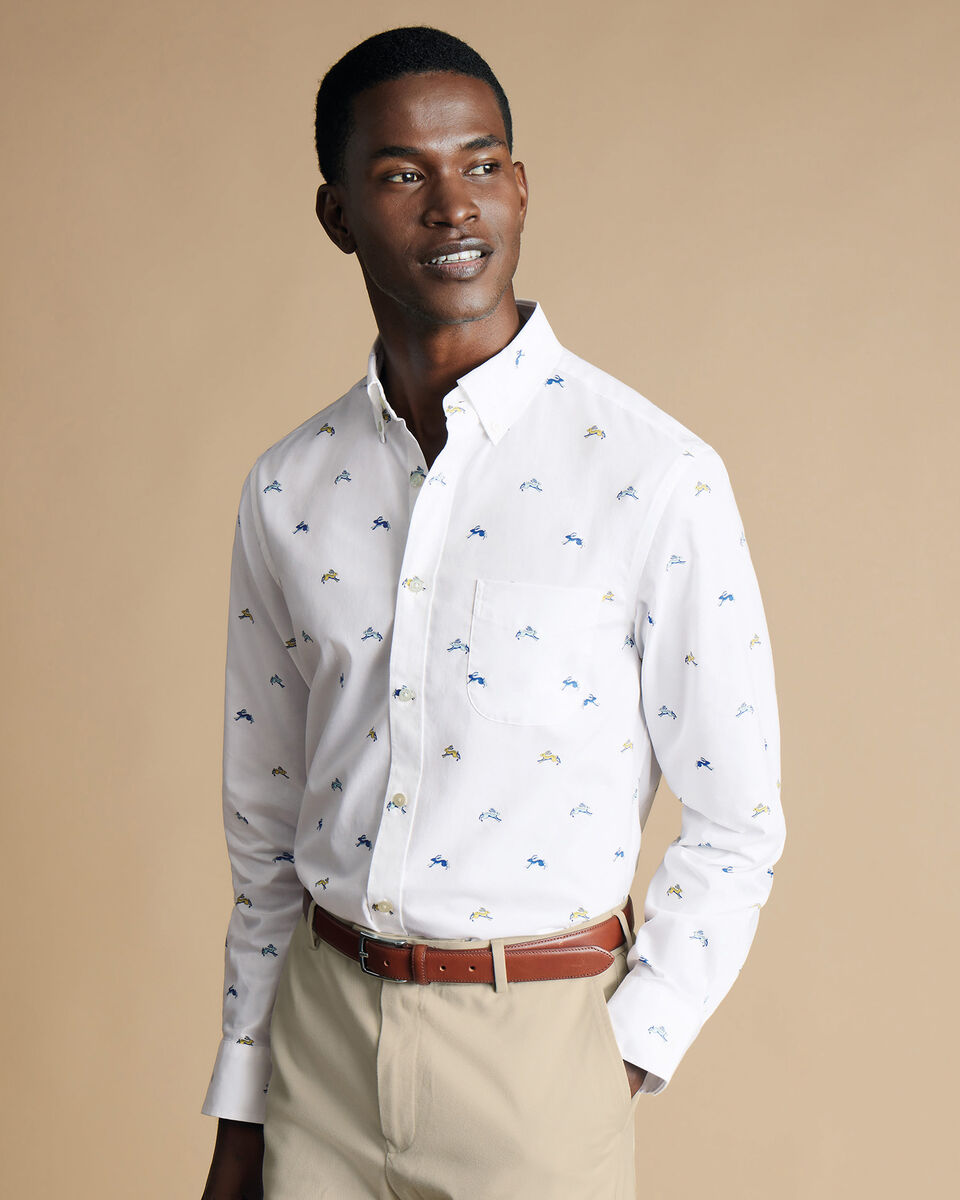 Button-Down Collar Non-Iron Stretch Hare Print Slim Fit Shirt - White