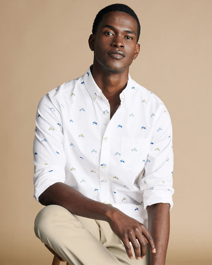 Button-Down Collar Non-Iron Stretch Hare Print Slim Fit Shirt - White