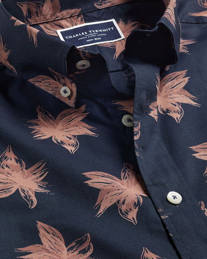 Non-Iron Large Floral Print Classic Fit Short Sleeve Shirt - Navy