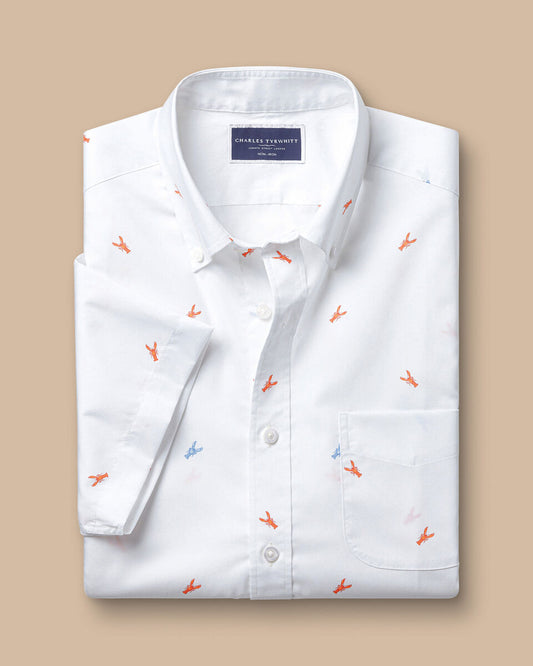 Slim Fit Non-Iron Lobster Print Short Sleeve Shirt - White Multi