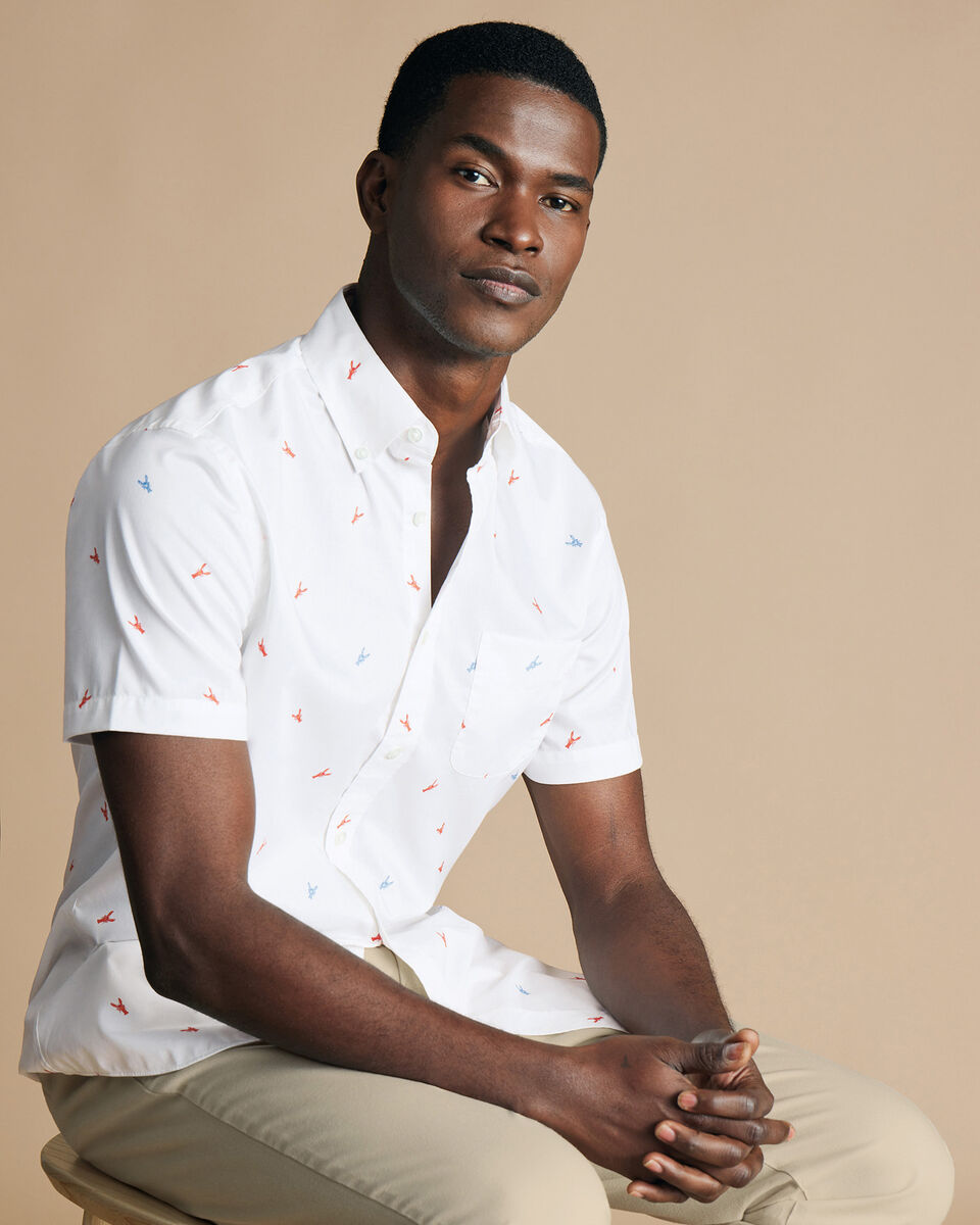 Slim Fit Non-Iron Lobster Print Short Sleeve Shirt - White Multi