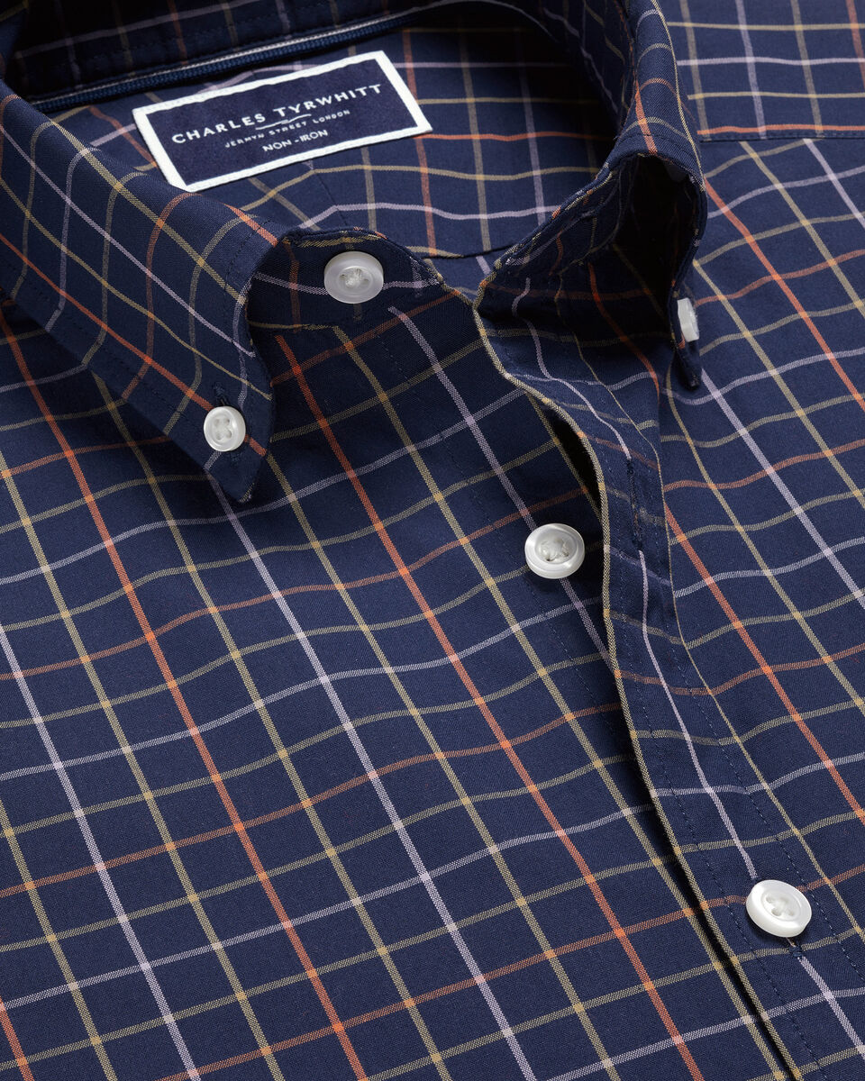 Button-Down Collar Non-Iron Stretch Poplin Grid Check Slim Fit Shirt - Navy
