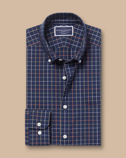 Button-Down Collar Non-Iron Stretch Poplin Grid Check Slim Fit Shirt - Navy