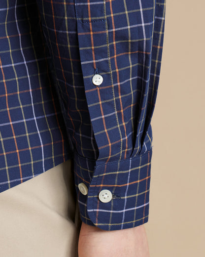 Button-Down Collar Non-Iron Stretch Poplin Grid Check Slim Fit Shirt - Navy