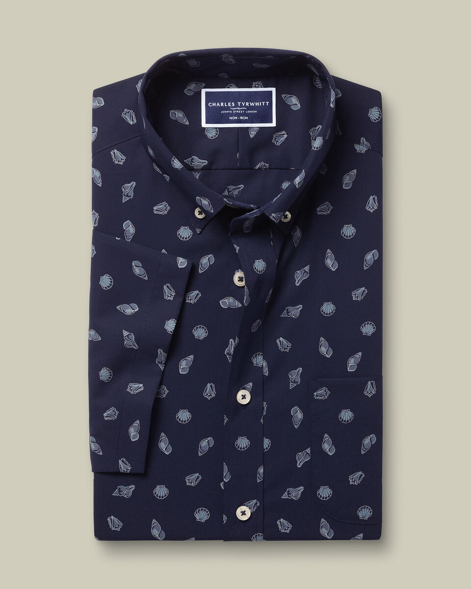 Classic Fit Non-Iron Poplin Shell Print Shirt-Ink Blue
