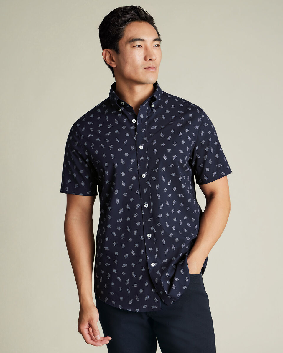 Classic Fit Non-Iron Poplin Shell Print Shirt-Ink Blue