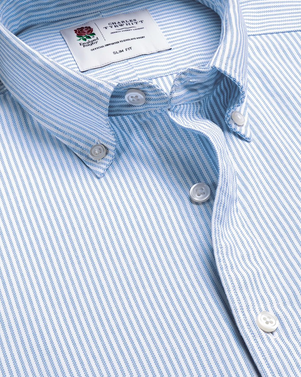 England Rugby Washed Oxford Stripe Slim Fit Shirt - Blue & White
