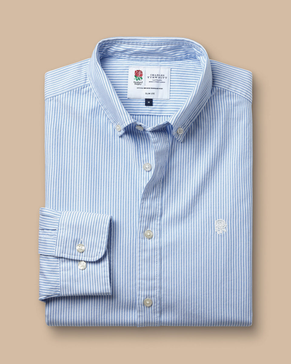 England Rugby Washed Oxford Stripe Slim Fit Shirt - Blue & White