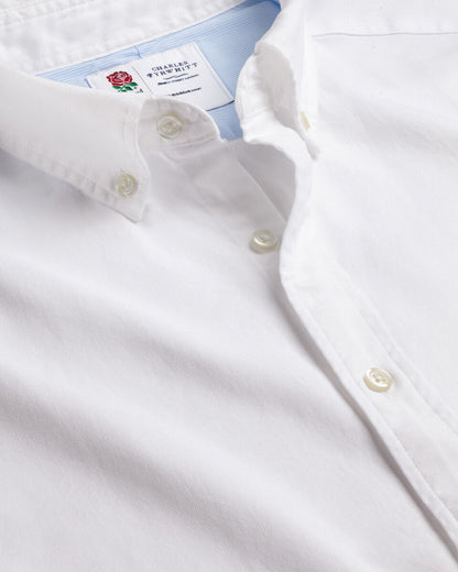 England Rugby Washed Oxford Classic Fit Shirt with Red Rose - White