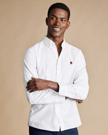 England Rugby Washed Oxford Classic Fit Shirt with Red Rose - White