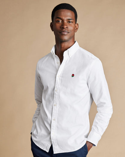 England Rugby Washed Oxford Classic Fit Shirt with Red Rose - White
