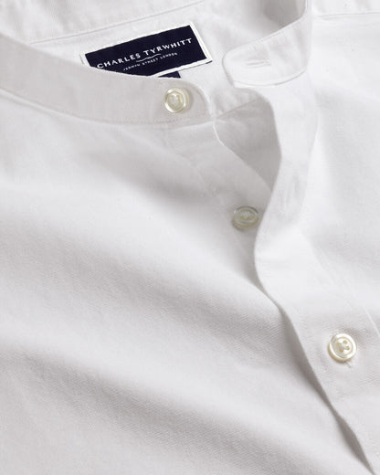Collarless Cotton Linen Slim Fit Shirt White