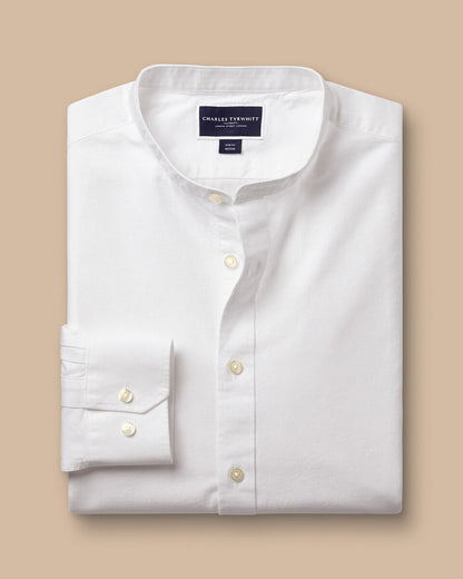 Collarless Cotton Linen Slim Fit Shirt White