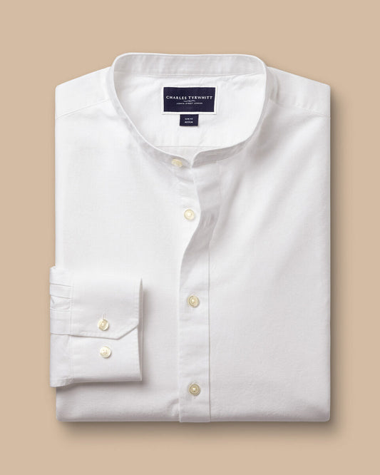 Collarless Cotton Linen Slim Fit Shirt White