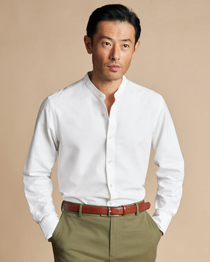 Collarless Cotton Linen Slim Fit Shirt White