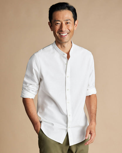 Collarless Cotton Linen Slim Fit Shirt White