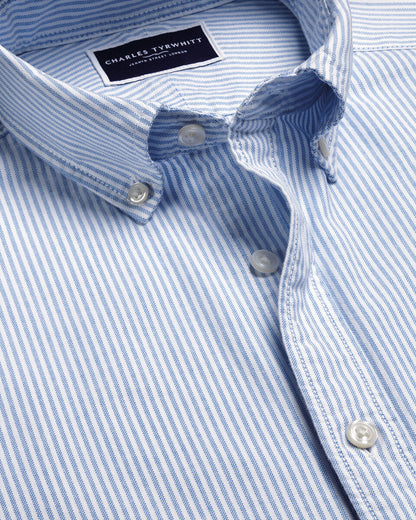 Button-Down Collar Washed Oxford Stripe Classic Fit Shirt Blue