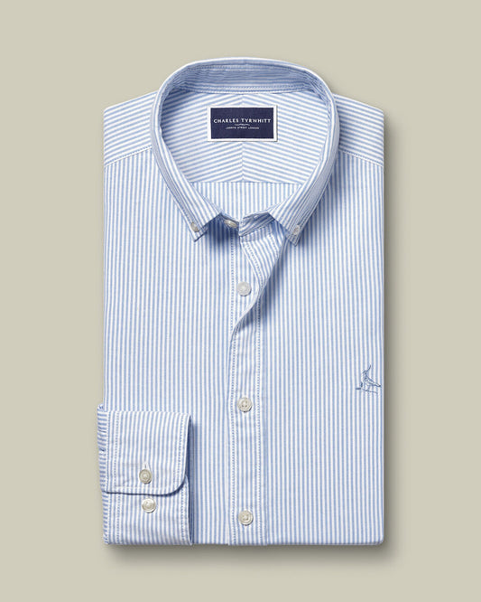 Button-Down Collar Washed Oxford Stripe Classic Fit Shirt Blue