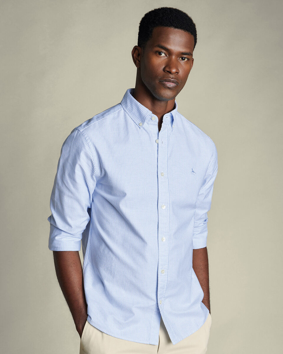 Button-Down Collar Washed Oxford Stripe Classic Fit Shirt Blue