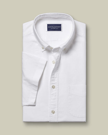 Washed Oxford Short Sleeve Slim Fit Shirt - White