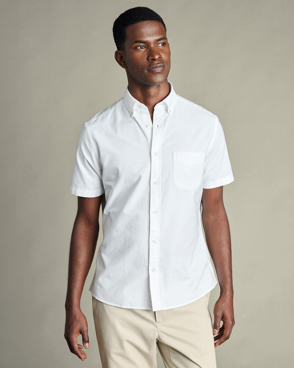 Washed Oxford Short Sleeve Slim Fit Shirt - White