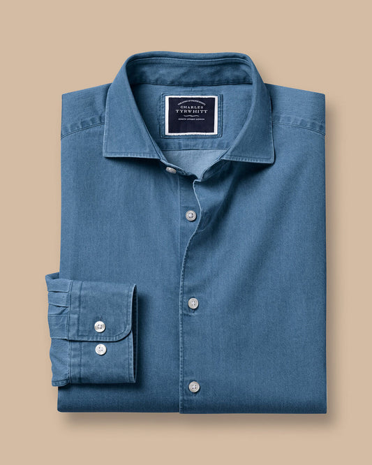 Cutaway Collar Denim Slim Fit Shirt - Ocean Blue