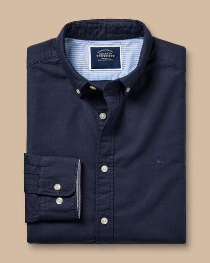 Button Down Collar Stretched Washed Oxford Slim Fit Shirt Navy