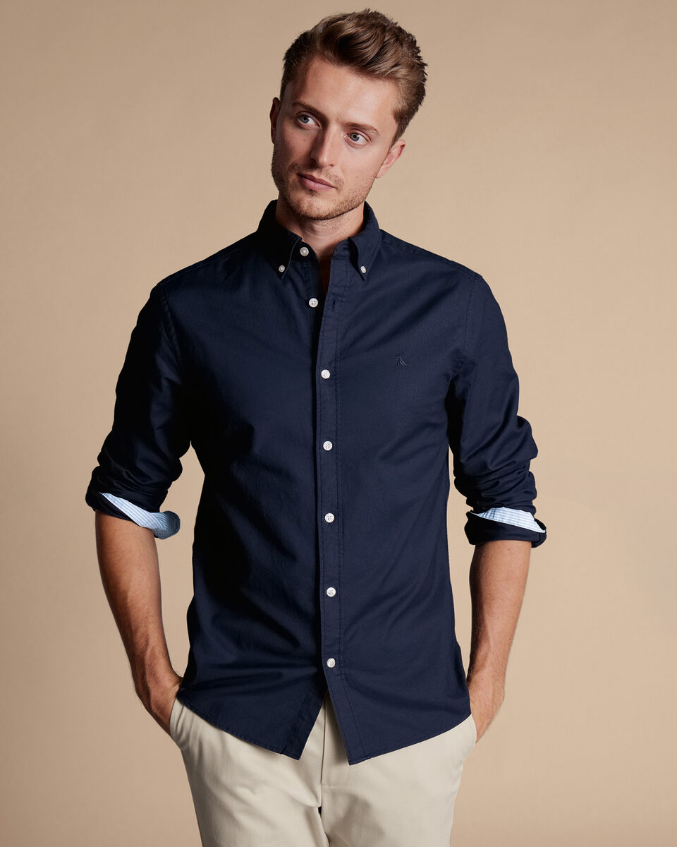 Button Down Collar Stretched Washed Oxford Slim Fit Shirt Navy