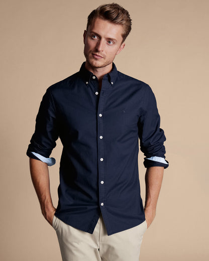 Button Down Collar Stretched Washed Oxford Slim Fit Shirt Navy