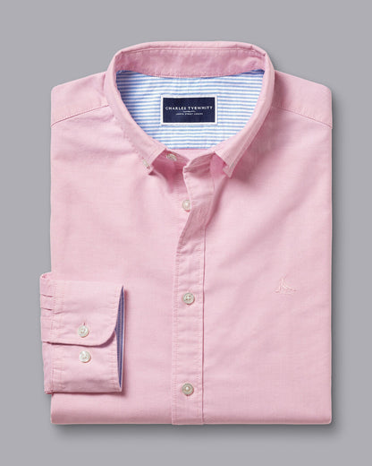 Extra Slim Fit Button-Down Collar Washed Oxford Plain Slim Fit Shirt - Pink