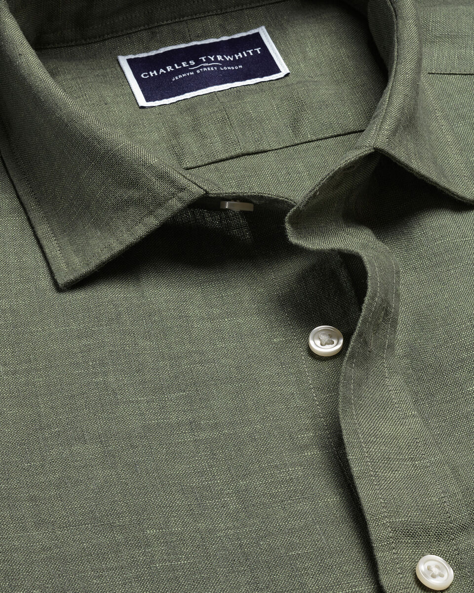 Pure Linen Short Sleeve Shirt - Olive Green