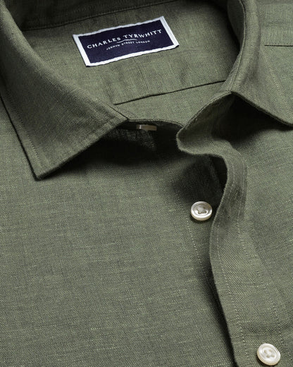 Pure Linen Short Sleeve Shirt - Olive Green
