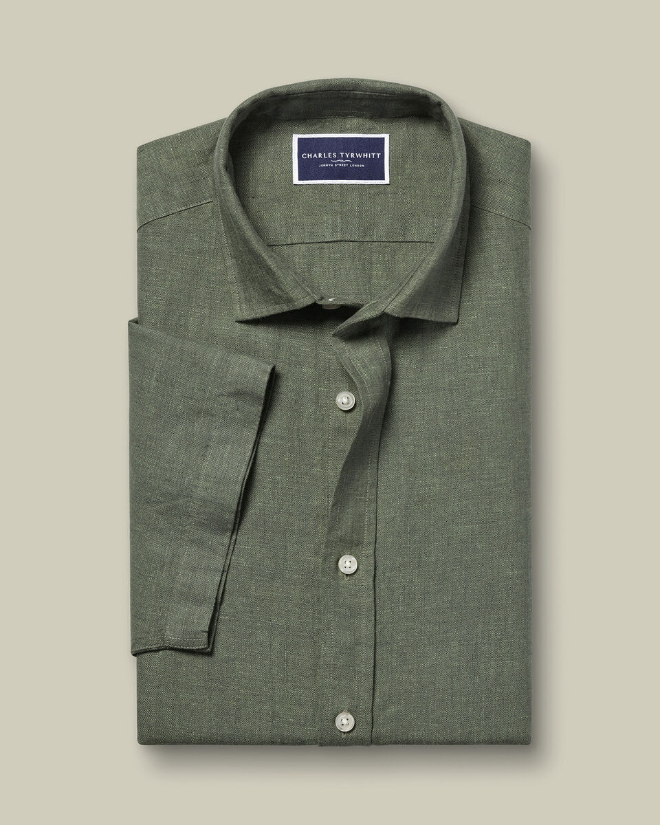 Pure Linen Short Sleeve Shirt - Olive Green