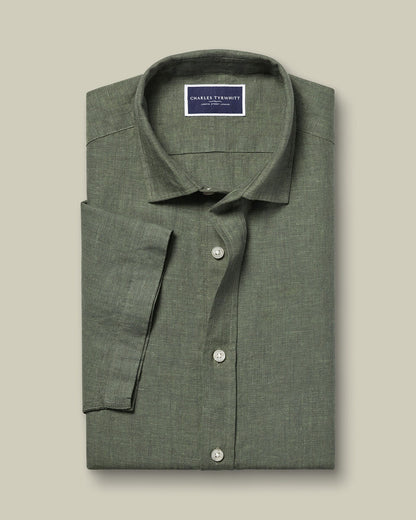 Pure Linen Short Sleeve Shirt - Olive Green
