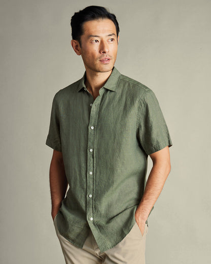 Pure Linen Short Sleeve Shirt - Olive Green