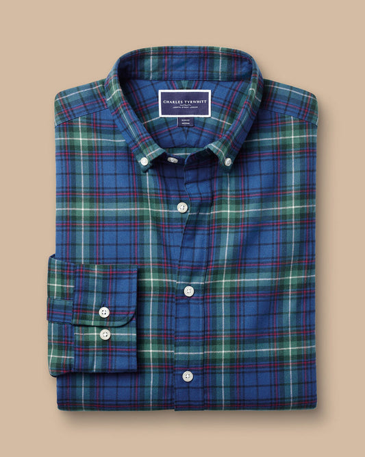 Slim Fit Button-down Collar Brushed Flannel Check Shirt In Green