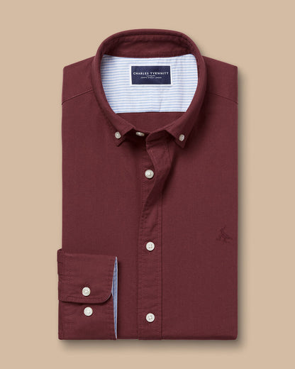 Slim Fit Stretch Washed Oxford Shirt - Burgundy