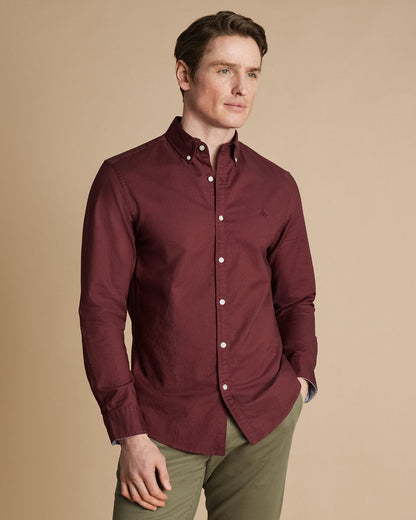 Slim Fit Stretch Washed Oxford Shirt - Burgundy